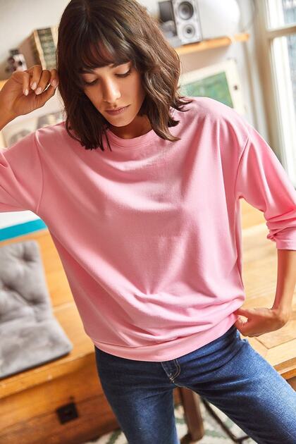 Women's Plain Candy Pink Basic Soft Textured Casual Sweatshirt SWT-19000457