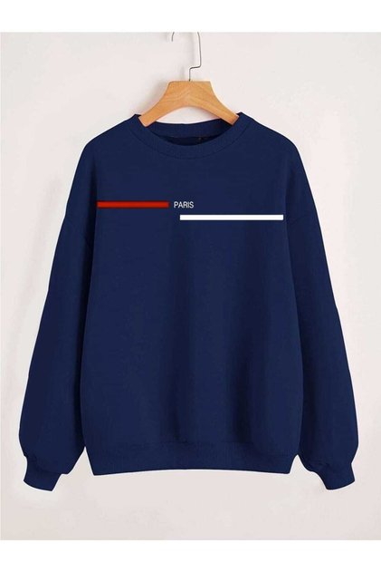 Men's Black Paris Stripe Printed Oversize Crew Neck Sweatshirt