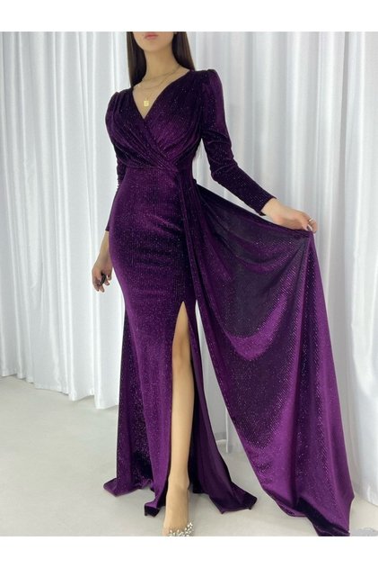Flexible Shiny Velvet Fabric Double Breasted Neckline Slit Purple Evening Dress and Graduation Dress 582302 718