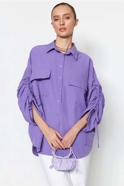 Purple Sleeves Adjustable Drawstring Detailed Woven Cotton Shirt TCTSS23TG00011
