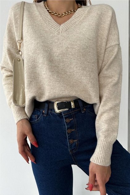 Damen-Strickpullover mit V-Ausschnitt, Standardgröße, Übergröße, Basic, Stein