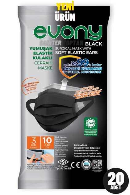 Siyah Elastik Kulaklıklı Cerrahi Maske 10 Lu 2 Pk = 20 Adet
