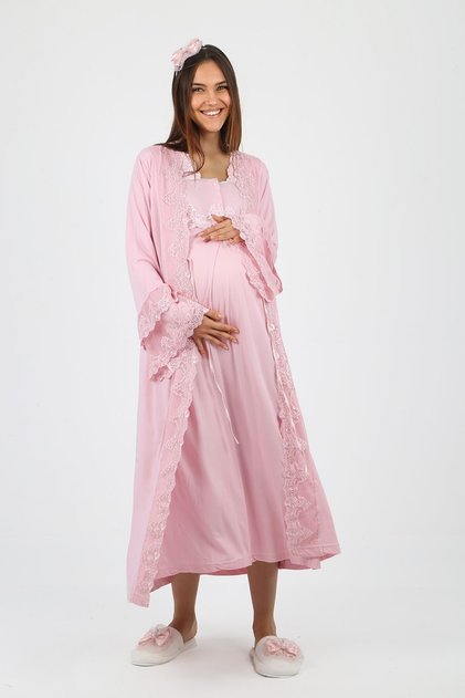 Powder Pink Princess Maternity Nightgown Set with Dressing Gown 70150