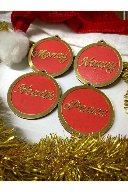 Plexi Christmas Tree Ornament Set Money-happy-health-peace Set of 4