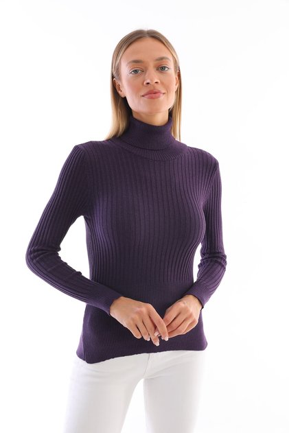 Women's Purple Corded Knitwear Turtleneck Sweater 100% Cotton Knitwear