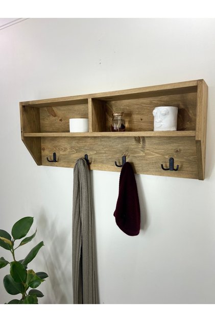 Doğal Ahşap Vestiyer, Dekoratif 4 Askılı Portmanto, Raflı 2 Bölmeli Vintage Elbise Askısı
