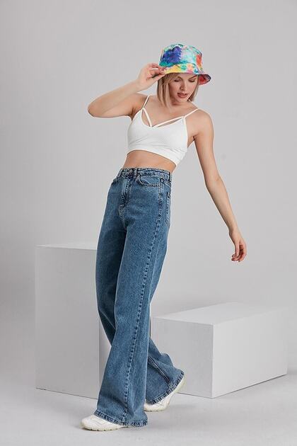 Tiesta Dark Blue Snow Wash Loose Palazzo Wideleg Jean Power Lycra Women's High Waist