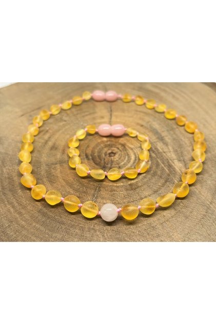 Drop Amber Pink Quartz Matte Lemon Baby Necklace Bracelet Set