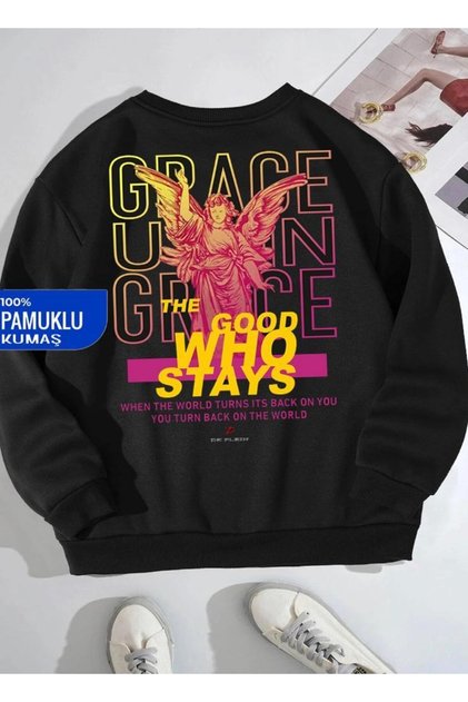 Siyah Oversize Goog Grace Baskılı Pamuklu Kapşonsuz 0 Yaka Unisex Sweatshirt