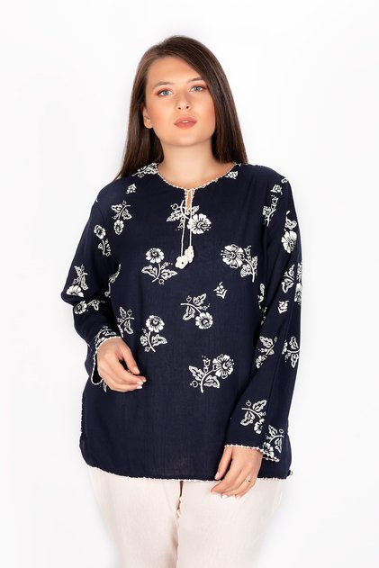 Women's Navy Blue Şile Cloth Long Sleeve Blouse