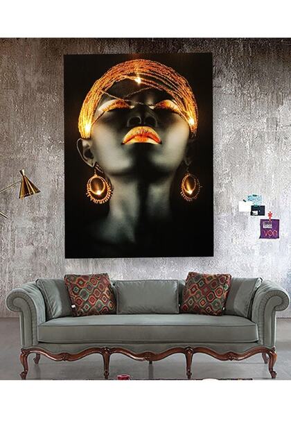 Işıklı Tablo Ledli Kanvas 60x90cm Afrikalı Kadın Pil Hediye