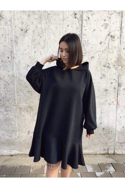 Yukka Kadın Siyah Kapüşonlu Oversize Elbise - 4
