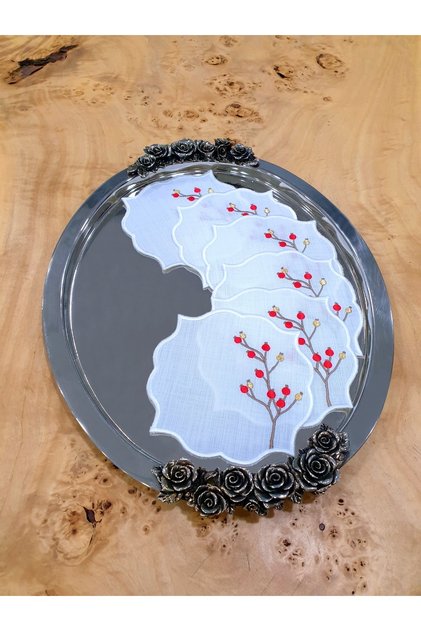 Red Floral Imported Linen Embroidered 6-Piece Coasters, Cocktail and Presentation Napkins New Year