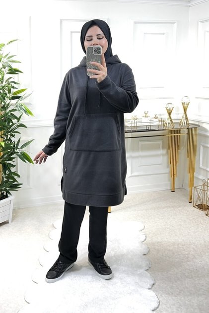 Plus Size Jade Thick Fleece Hooded Tunic - Anthracite