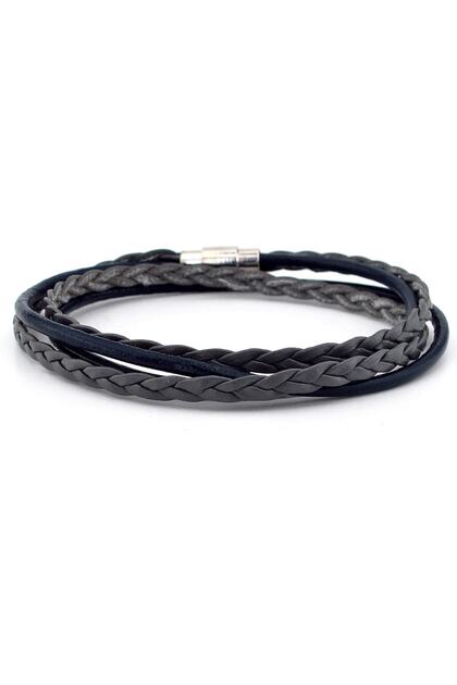 Gray Navy Blue Two Rows Wrap Knitted Leather Men's Bracelet M008a