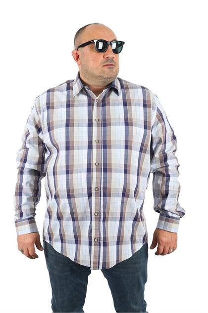 Large Size Men's Small Checked Shirt 23361 Navy Blue