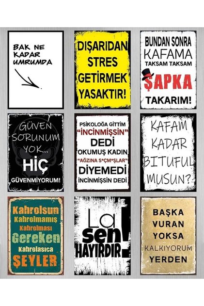 Duvar Yazıları Retro Ahşap Poster Tablo 9 Parça