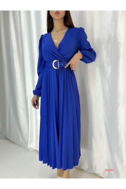 Women's Blue, Pleated Skirt Long Sleeve Belted Crepe Fabric Dress