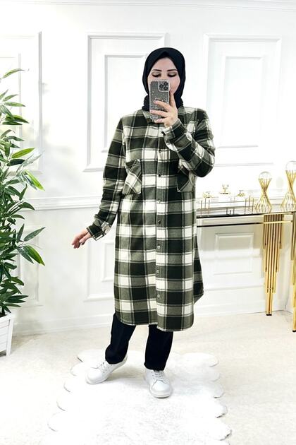 Large Size Ayşil Oversize Thick Fleece Shirt - Khaki Checkerboard