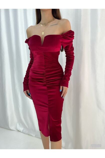 New Season Velvet Fabric Low-cut, Backless Slit Detailed Midi Length Evening Dress 582275 719