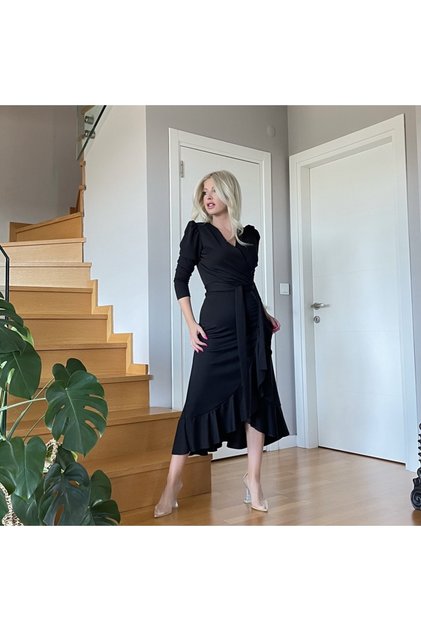 Legendary Women's Black, Crepe Fabric Midi Length Belted Long Sleeve Dress (BLACK)