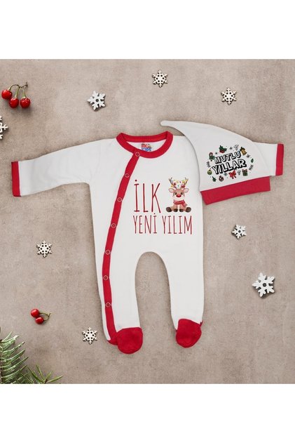 Bk Gift Kişiye Özel Yılbaşı Temalı Tulum Zıbın Ve Kukuletalı Şapka Seti-1
