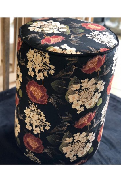 Puf - Ithal Ipek Kadife Kumaş - Siyah Kuş Desen 43 Cm Çap X 43 Cm Yükseklik