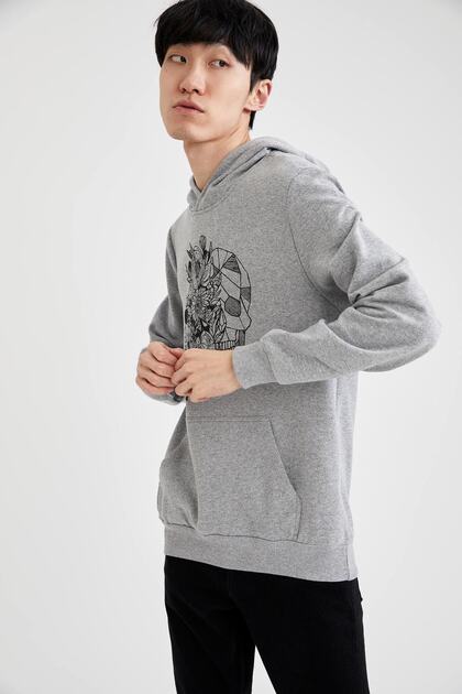 Erkek Gri Kapüşonlu Slim Fit Kuru Kafa Baskılı Sweatshirt S7007AZ20AU