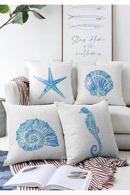 4-Piece Double Sided Sea Creatures Concept Decorative Raschel Knitted Pillow Throw Pillow Cover Set 55x55cm