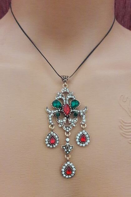 Authentic Green and Red Pendant with Horn Design and Zircon Stones