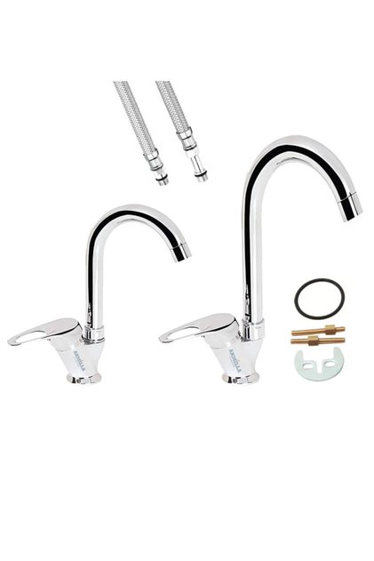 Banyo Lavabo Ve Mutfak Eviye Musluğu Çeşmesi Bataryası 2’li Set Sıcak Soğuk Çift Su Girişli