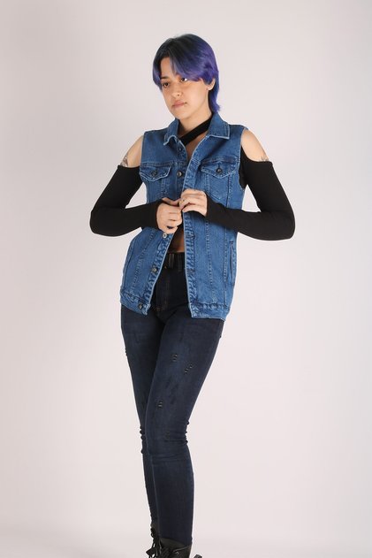 Kadın Kot Yelek - Elastik Jeans Denim Kumaş