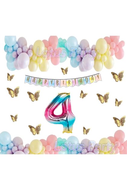 4 Year Old Birthday Set Butterfly Rainbow Unicorn Concept Macaron Balloon Chain