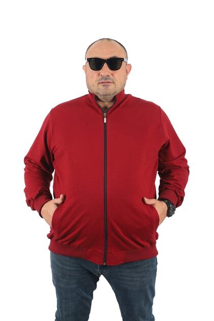 Large Size Basic Seasonal Zippered Sweatshirt 22750 Claret Red