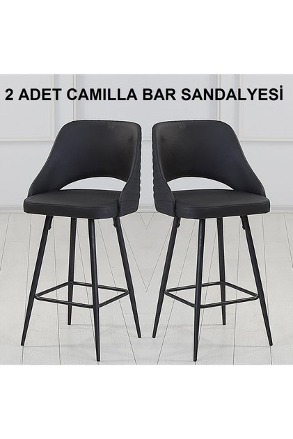 2 Adet Camilla Ada Mutfak Ve Bar Sandalyesi - Bar Taburesi - Suni Deri - Metal Siyah Ayak