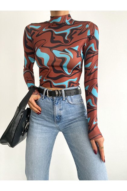 High Collar Long Sleeve Patterned Crop Blouse