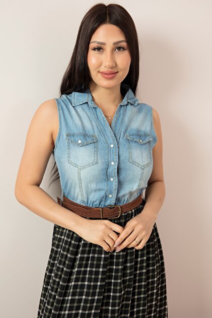 PULLIMM Olga 3993 Top Denim Bottom Tulle Long Dress- Trendyol
