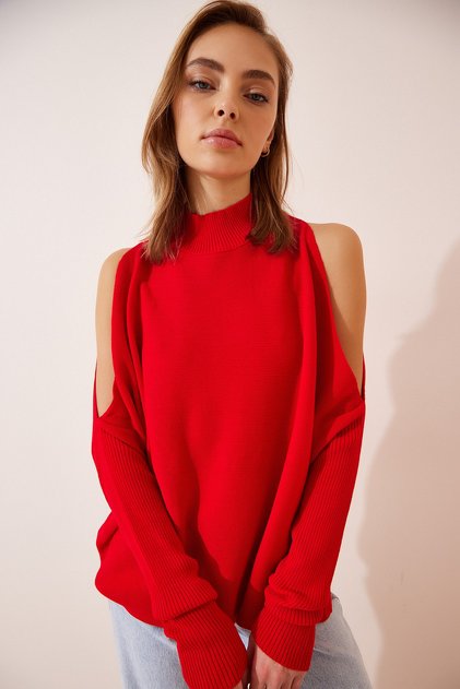 Women's Red Cut Out Detailed Oversize Knit Sweater AS00015