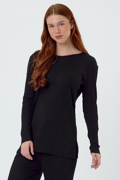 Women's Seasonal Long Sleeve Ribbed Black Pajama Set