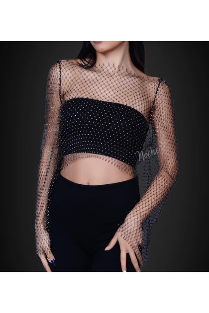 Long Sleeve Jewelled Mesh Crop