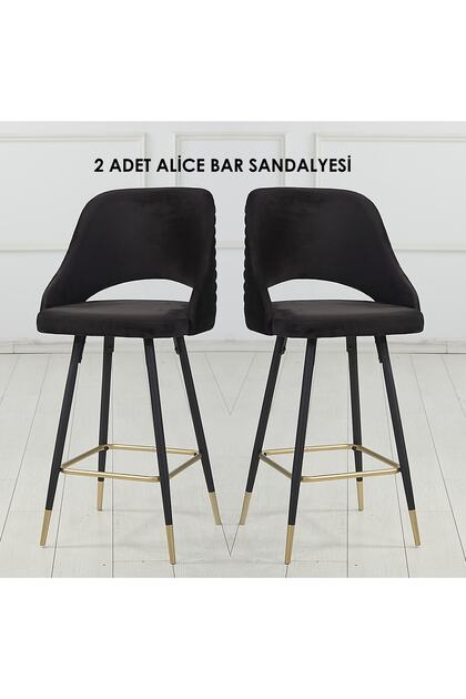 2 Adet Alice Ada Mutfak Ve Bar Sandalyesi - Silinebilir Babyface Kumaş - Metal Siyah Gold Ayak