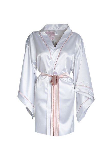 Beyaz Pudra Biyeli Mini Boy Çiçekli Kimono