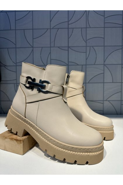 Ny Women's Nut Nude Color Round Toe Zippered Buckle Women's Daily Boots