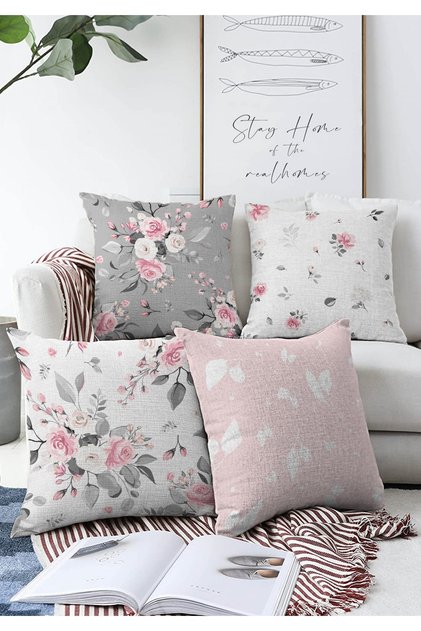 4-Piece Double Sided Rose Motif Concept Modern Raschel Knitted Pillow Throw Pillow Cover Set 55x55cm
