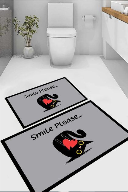 Cute Cat Bath Mat, Black Gray Mat, Non-Slip Base Toilet Seat Set, Decorative Mat, Dowry Box