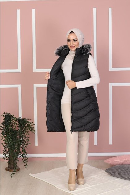 Women's Oversize Large Size Hat with Fur Foam Print Detailed Fiber Filling Young Sports Puffer Vest & Coat