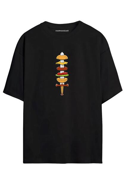 Kılıç Şiş Burger Printed Unisex Black Oversize T-shirt