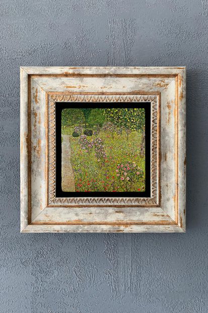 Oscar Stone Decor Gustav Klimt Flower Garden Çiçek Bahçesi Çerçeveli Taş Tablo 20x20cm Wall Decor - 1