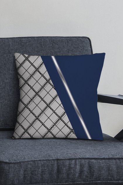 Silver Navy Blue Premium Thai Feather Woven Fabric Plaid Double Sided Throw Pillow Pillow Case Krl1090