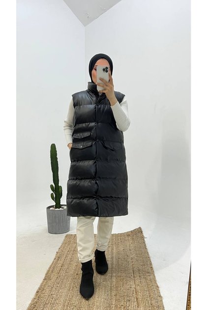 Black Leather Inflatable Medium Length Vest with Snap Fasteners